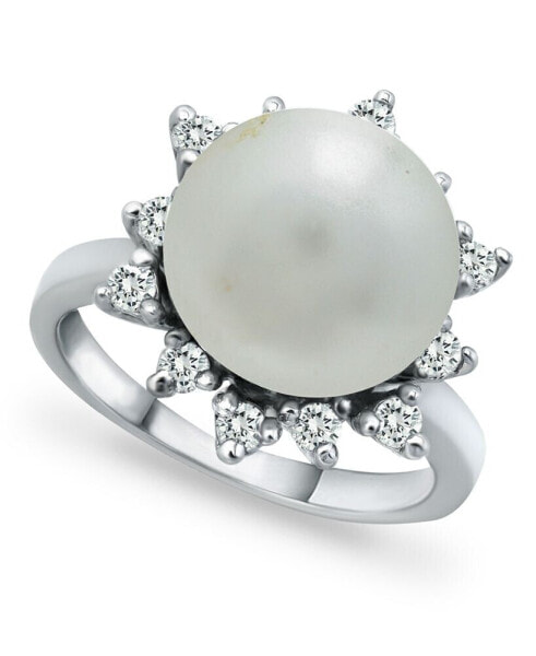 Imitation Pearl and Cubic Zirconia Halo Ring in Silver Plate