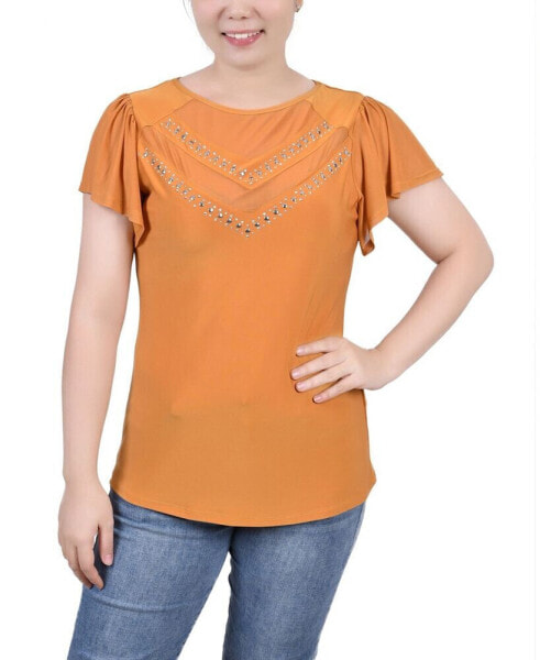 Petite Studded Short Flutter Sleeve Top