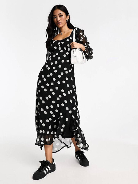 New Look puff sleeve ruffle midi dress in polka dot