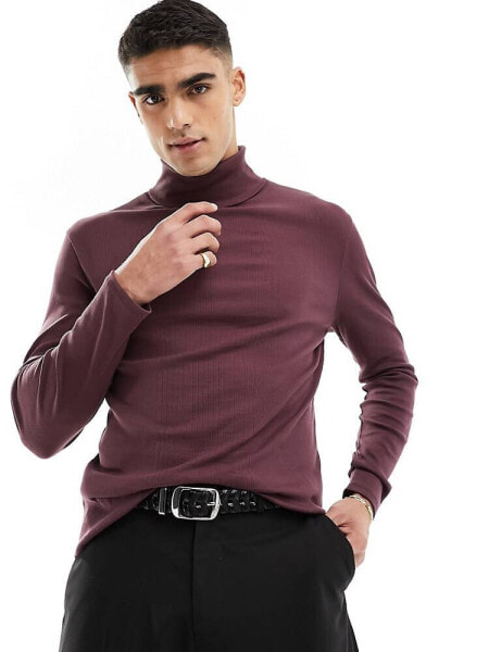 ASOS DESIGN long sleeve muscle fit roll neck with rib detail in burgundy