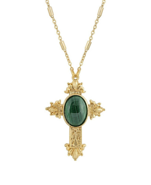 14K Gold Dipped Oval Semi Precious Genuine Green Malachite Cross 28" Necklace