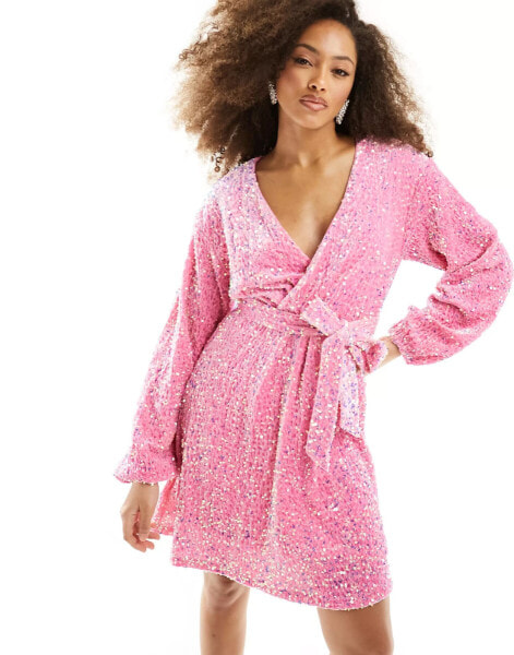 Pieces sequin belted wrap mini dress in pink