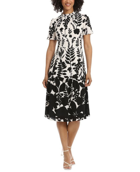 Women's Printed Ruffle-Neck Midi Dress