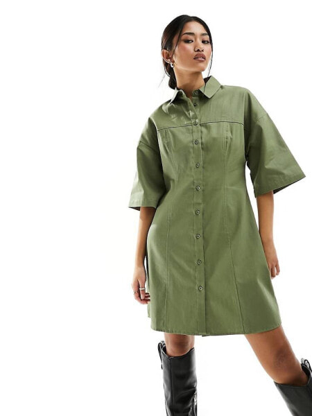 ASOS DESIGN twill mini shirt dress in khaki