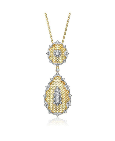 White Gold and 14K Gold Plated Cubic Zirconia 2 Drop Pendant Necklace