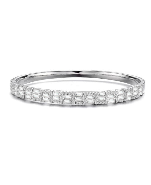 Sterling Silver with Rhodium Plated Clear Round and Emerald Cubic Zirconia Two-Row Accent Bangle Bracelet