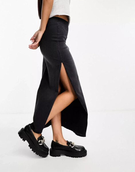 Bershka bodycon denim midi skirt in washed black