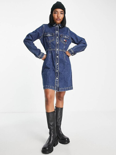 Tommy Jeans slim denim button up dress in dark wash