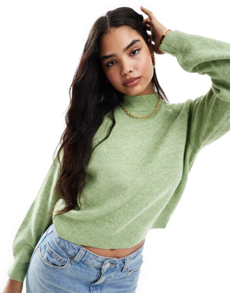 Vero Moda slouchy high neck jumper in green melange