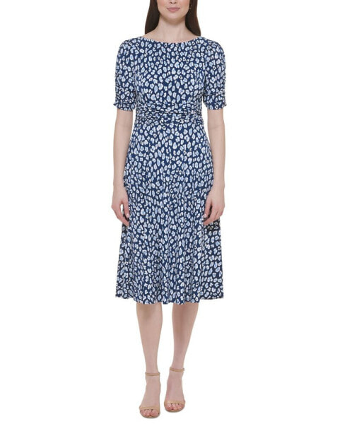 Petite Printed Boat-Neck Ruched-Waist Dress