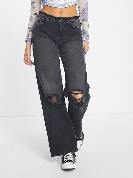 Only wide leg jeans with frayed low waist in black