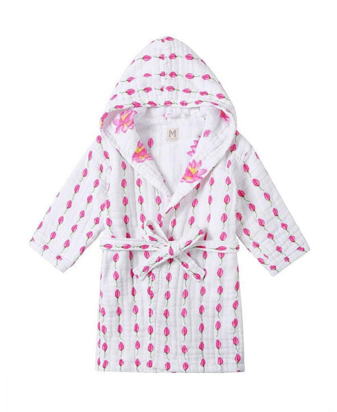 GOTS Certified Organic Cotton Muslin Hooded Reversible Bath Robe For Infant, Enchanted Garden (Size 6-12M), Girls