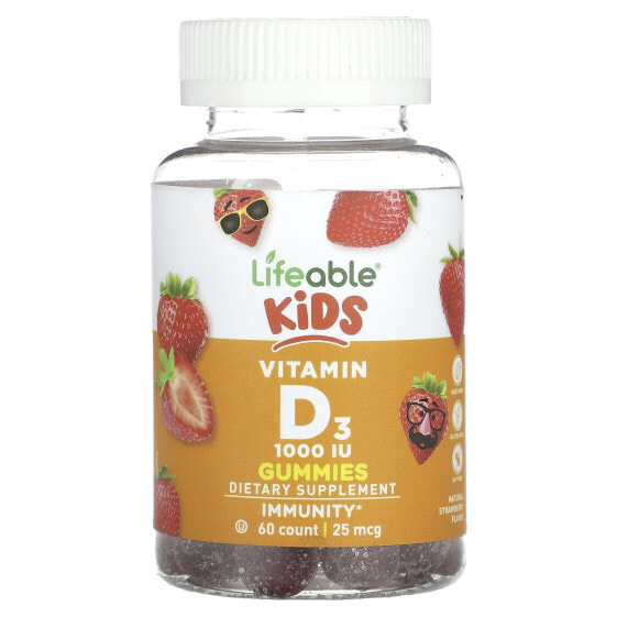 Витамин D3 Lifeable для детей, натуральные клубничные мармеладки 25 мкг (1,000 МЕ), 60 шт