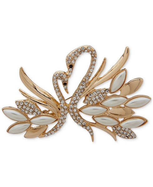 Gold-Tone Imitation Pearl Crystal Swans Pin