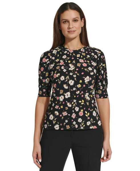 Women's Floral-Print Button-Trim Top