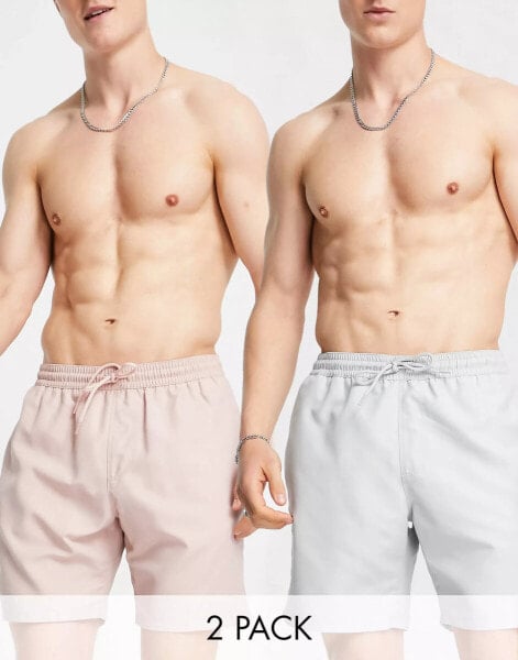 ASOS DESIGN 2 pack swim shorts in mid length in pink/light grey SAVE