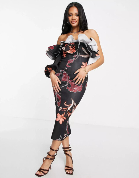 ASOS DESIGN – Midikleid mit Ballonärmeln und Winterblütenprint