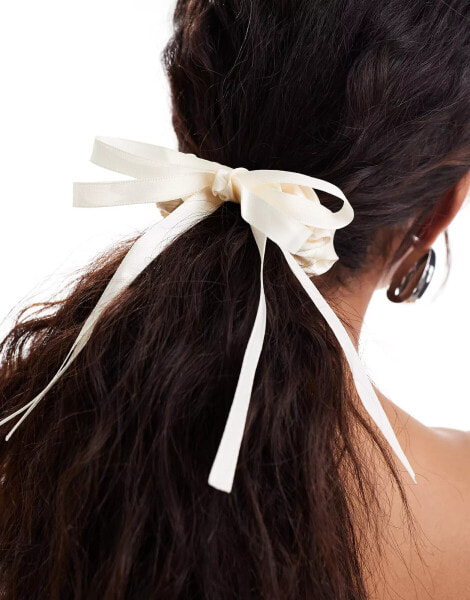 DesignB London satin bow hair scrunchie in cream