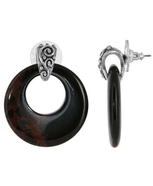 Pewter Semi Precious Round Obsidian Hoop Earrings