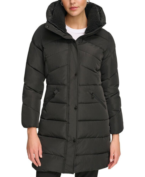 Women's Petite Faux-Sherpa Collar Hooded Stretch Puffer Coat, Created for Macy's