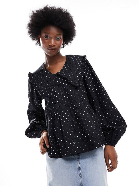 Monki long sleeve collar blouse in black and white polka dot print