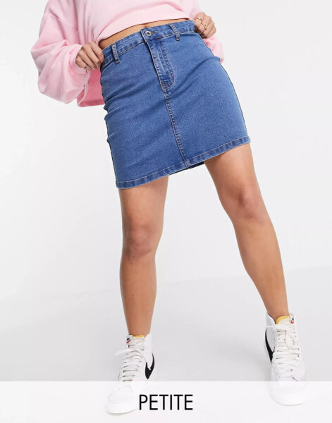 DTT Petite Clara high waisted stretch denim skirt in mid blue