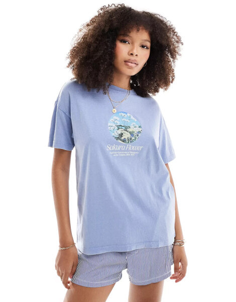 Pull&Bear coastal graphic t-shirt in washed blue