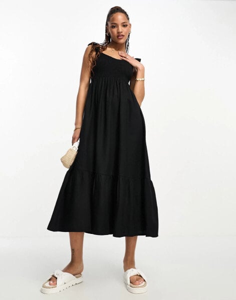 New Look frill sleeve shirred midi dress in black