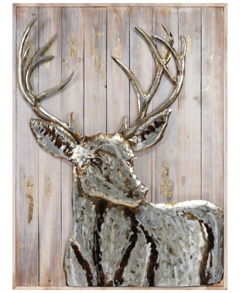 Deer 1Handed Painted Iron Wall sculpture on Wooden Wall Art, 40" x 30" x 3"