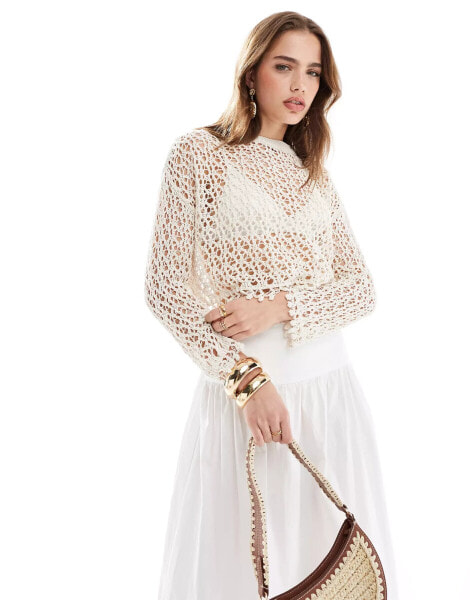 Mango long sleeve crochet top in white