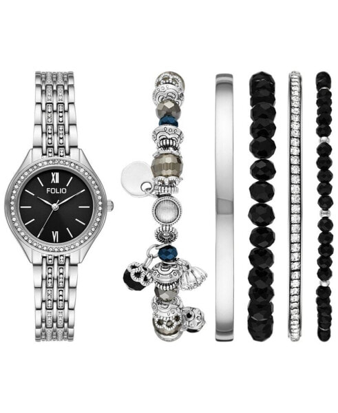 Women's Three Hand Silver-Tone 30mm Watch and Bracelet Gift Set, 6 Pieces