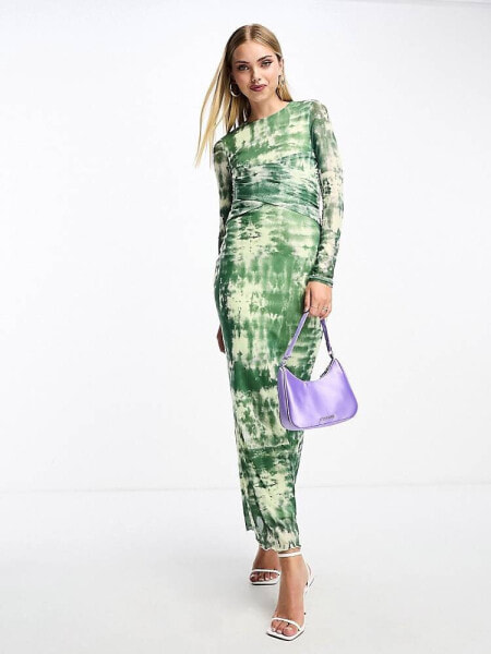 Vero Moda long sleeve abstract mesh bodycon midi dress in green 