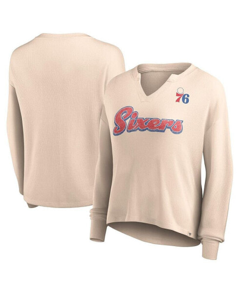 Women's Tan Distressed Philadelphia 76ers Go For It Long Sleeve Notch Neck T-shirt