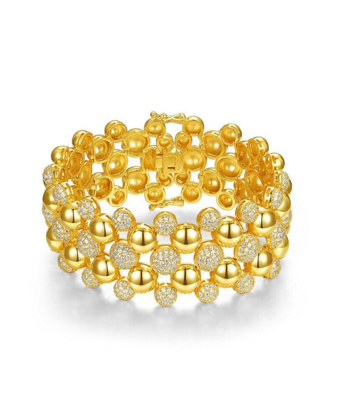 14k Yellow Gold Plated with Cubic Zirconia French Pave Medallion Mesh Link Bracelet