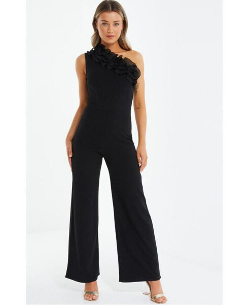 Women's Black One Shoulder Organza Detail Jumpsuit