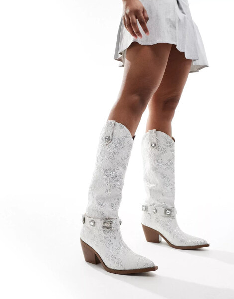 Azalea Wang Bridal Bavani embroidered western knee boots in white