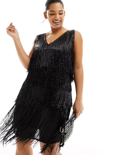 ASOS DESIGN Curve embellished fringed mini dress in black