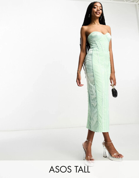 ASOS DESIGN Tall bandeau mesh ruched midi dress with satin insert in sage