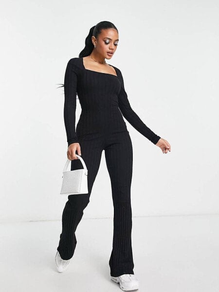 ASOS DESIGN ribbed square neck unitard jumpsuit in black