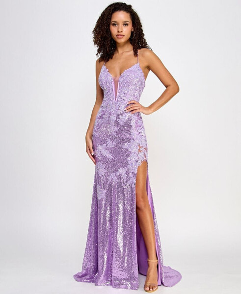 Juniors' Floral-Sequin High-Slit Strappy Gown, Created for Macy's