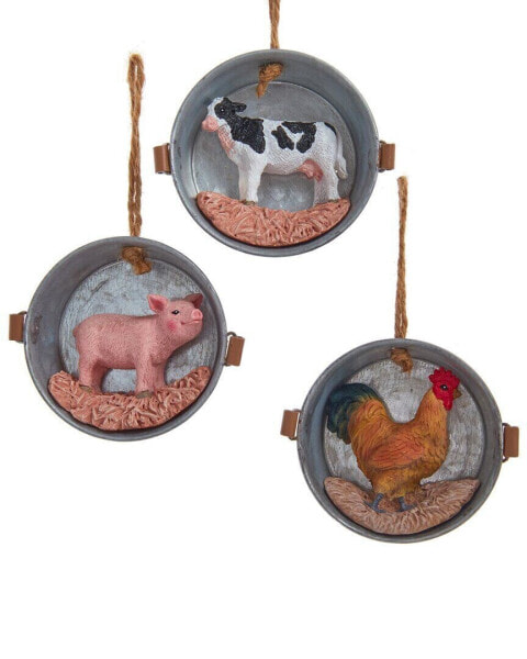 Kurt Adler 2.75In Pig, Cow & Rooster Ornaments (3 Assorted) Multicolor