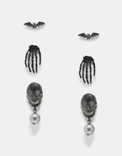 ASOS DESIGN Halloween pack of 3 earrings with skeleton and bat design