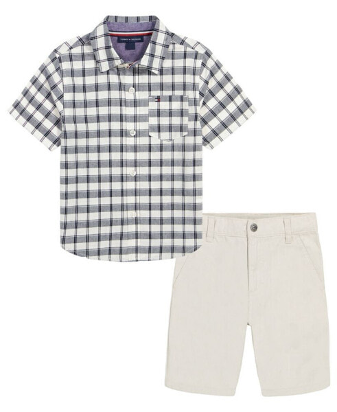 Toddler Boys Prewashed Plaid Short Sleeve Shirt and Twill Shorts, 2 Piece Set