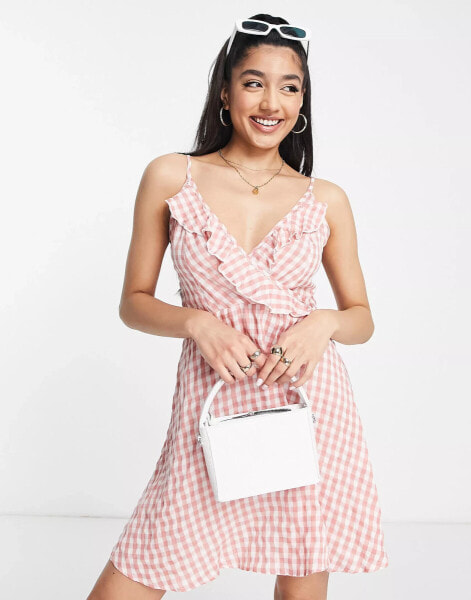 QED London frill wrap cami mini dress in pink gingham print