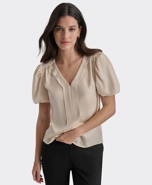 Petite V-Neck Balloon-Short-Sleeve Blouse