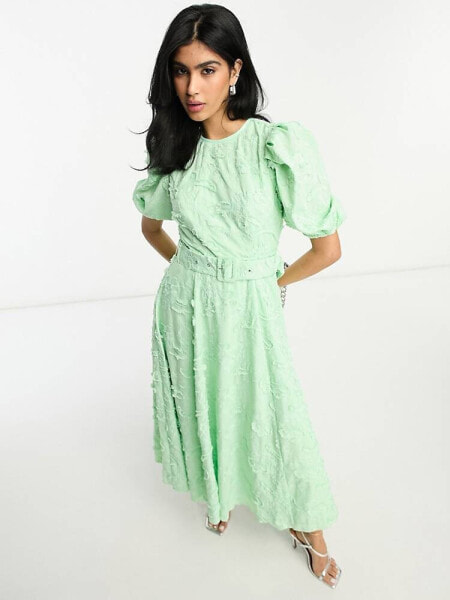 ASOS DESIGN belted midi skater dress in textured jacquard in apple green