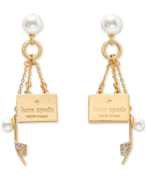 Gold-Tone Imitation Pearl, Logo & Shoe Charm Drop Earrings