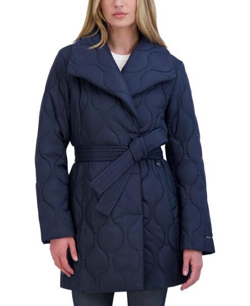 Women's Petite Belted Asymmetric Quilted Coat