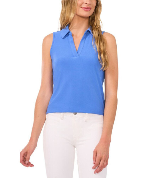 Women's Sleeveless Polo-Collar Solid-Knit Top