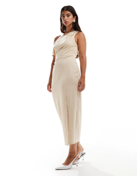 ASOS DESIGN linen textured one shoulder dress in stone